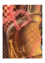 Load image into Gallery viewer, Florencia Degraf oil painting surrealist painting with straw pink flexible straw over amber bottle and checkerboard background
