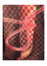 Load image into Gallery viewer, Florencia Degraf oil painting surrealist painting with straw of checkered red boots and twisted pink straw