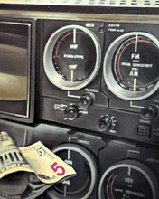 Load image into Gallery viewer, Acrylic painting by Florencia Degraf featuring a surreal nostalgic painting of a vintage radio and cash