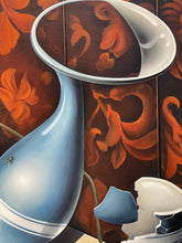 Load image into Gallery viewer, Surrealist painting The Fly by Florencia Degraf featuring a blue vase and broken pottery