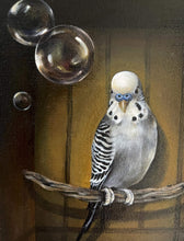 Load image into Gallery viewer, Acrylic painting of a budgie perched on a branch with floating bubbles in a captivating art set of 3