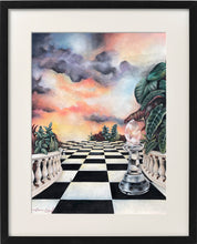 Load image into Gallery viewer, Acrylic painting featuring a surreal chess piece and vibrant sky, representing imaginative landscape paintings