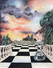 Load image into Gallery viewer, Imaginative landscape paintings depicting a surreal checkerboard path with vibrant plants and colorful skies