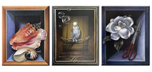 Load image into Gallery viewer, Set of 3 contemporary paintings featuring a seashell, a bird perched with bubbles, and a flower with scissors
