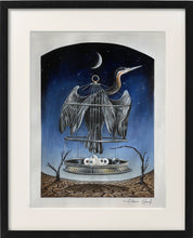 Load image into Gallery viewer, Surreal bird paintings featuring a striking acrylic artwork of a bird in a cage under a night sky