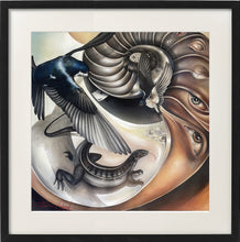 Load image into Gallery viewer, Surreal shell painting featuring birds and a lizard in a dreamy, imaginative composition by Florencia Degraf