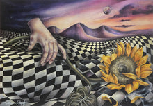 Load image into Gallery viewer, Surreal sunflower gallery painting by Florencia Degraf featuring a hand and checkered landscape