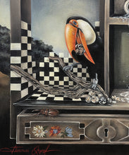 Load image into Gallery viewer, Unique surreal paintings by Florencia Degraf featuring a toucan on a branch with a checkered background