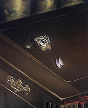 Load image into Gallery viewer, Florencia Degraf acrylic painting closeup of dark drawer with eye shaped knob and silver studs Toile de Jouy surreal art painting
