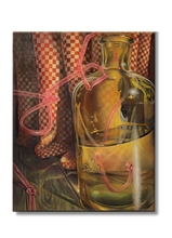 Load image into Gallery viewer, Florencia Degraf oil painting surrealist painting with straw depicting a glass jug checkered boots and pink ribbon straw
