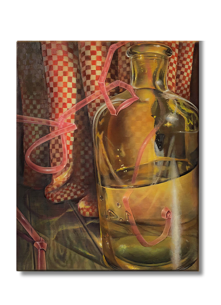Florencia Degraf oil painting surrealist painting with straw depicting a glass jug checkered boots and pink ribbon straw