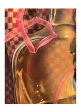 Load image into Gallery viewer, Florencia Degraf oil painting surrealist painting with straw pink flexible straw over amber bottle and checkerboard background
