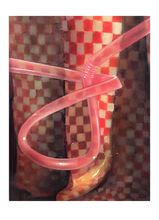 Load image into Gallery viewer, Florencia Degraf oil painting surrealist painting with straw of checkered red boots and twisted pink straw
