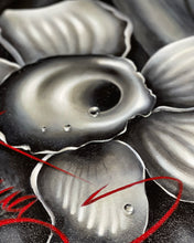Load image into Gallery viewer, Close-up of Midnight Painting by Florencia Degraf featuring surreal gray petals and red accents
