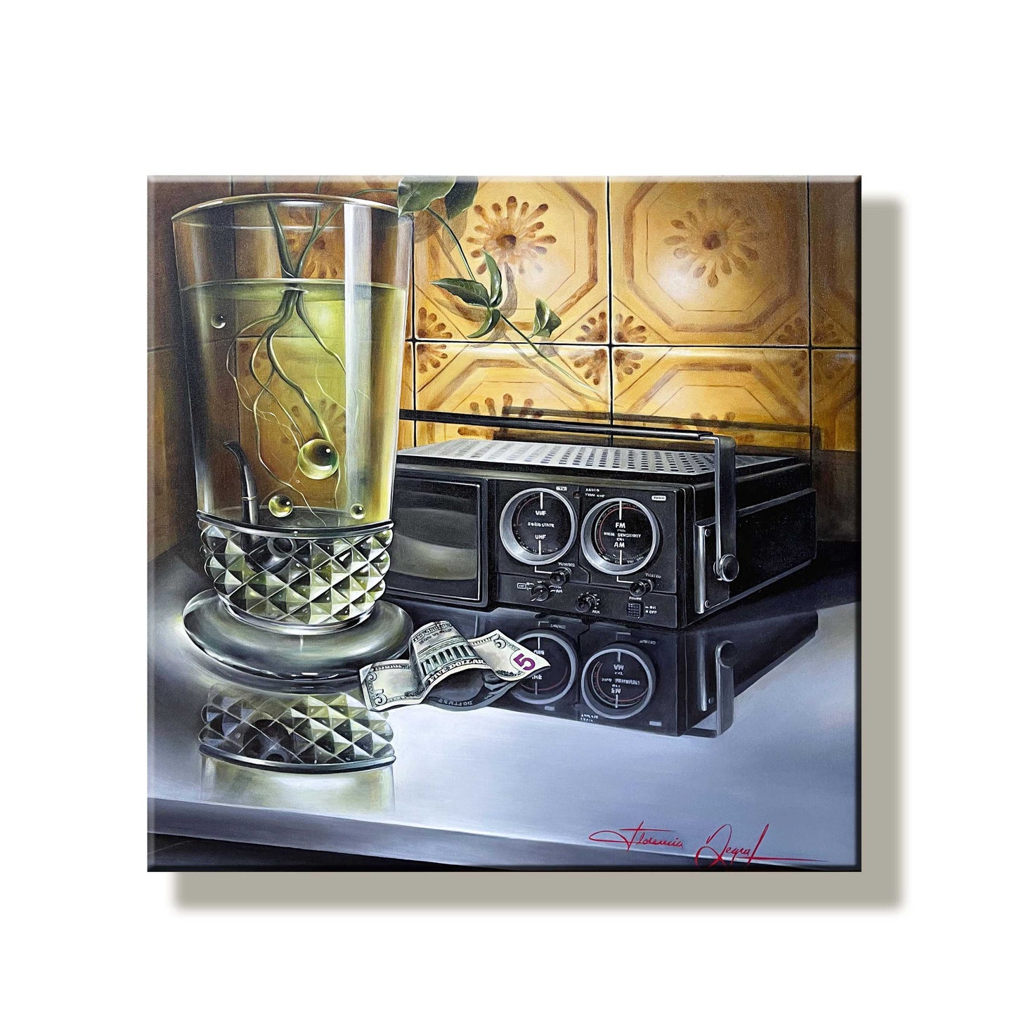 Surreal nostalgic painting featuring a glass and retro radio, blending vibrant colors and dreamlike elements