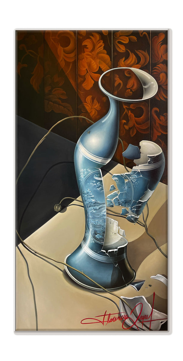 Surrealist painting The Fly by Florencia Degraf featuring a shattered vase and intricate details