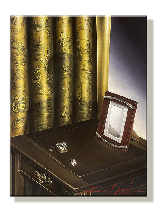 Acrylic painting by Florencia Degraf featuring Toile de Jouy art painting with a decorative curtain and framed photo