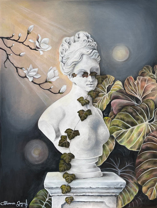 Acrylic painting featuring a bust statue entwined with ivy, showcasing decorative surrealist wall art
