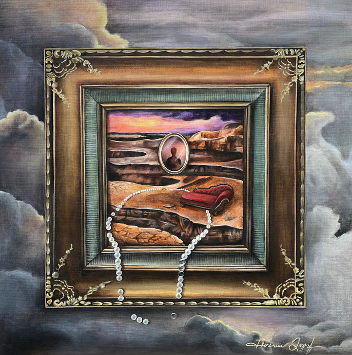 Florencia Degraf Artistic Pearl Landscape Painting featuring a surreal framed scene with pearls and dramatic clouds