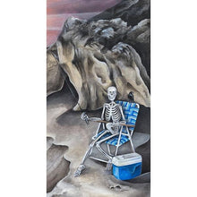 Load image into Gallery viewer, Acrylic painting of a skeleton fishing on a beach chair, from the Florencia Degraf art collection
