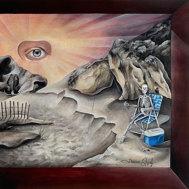 Surreal acrylic painting from the Florencia Degraf art collection featuring a skeleton by rocks and an eye in the sky