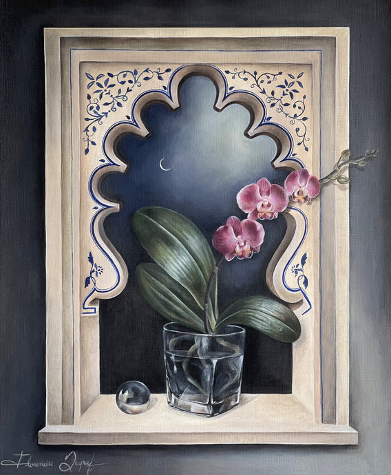 Beautiful acrylic painting by Florencia Degraf featuring an orchid in a decorative frame, Florencia Degraf artwork for sale
