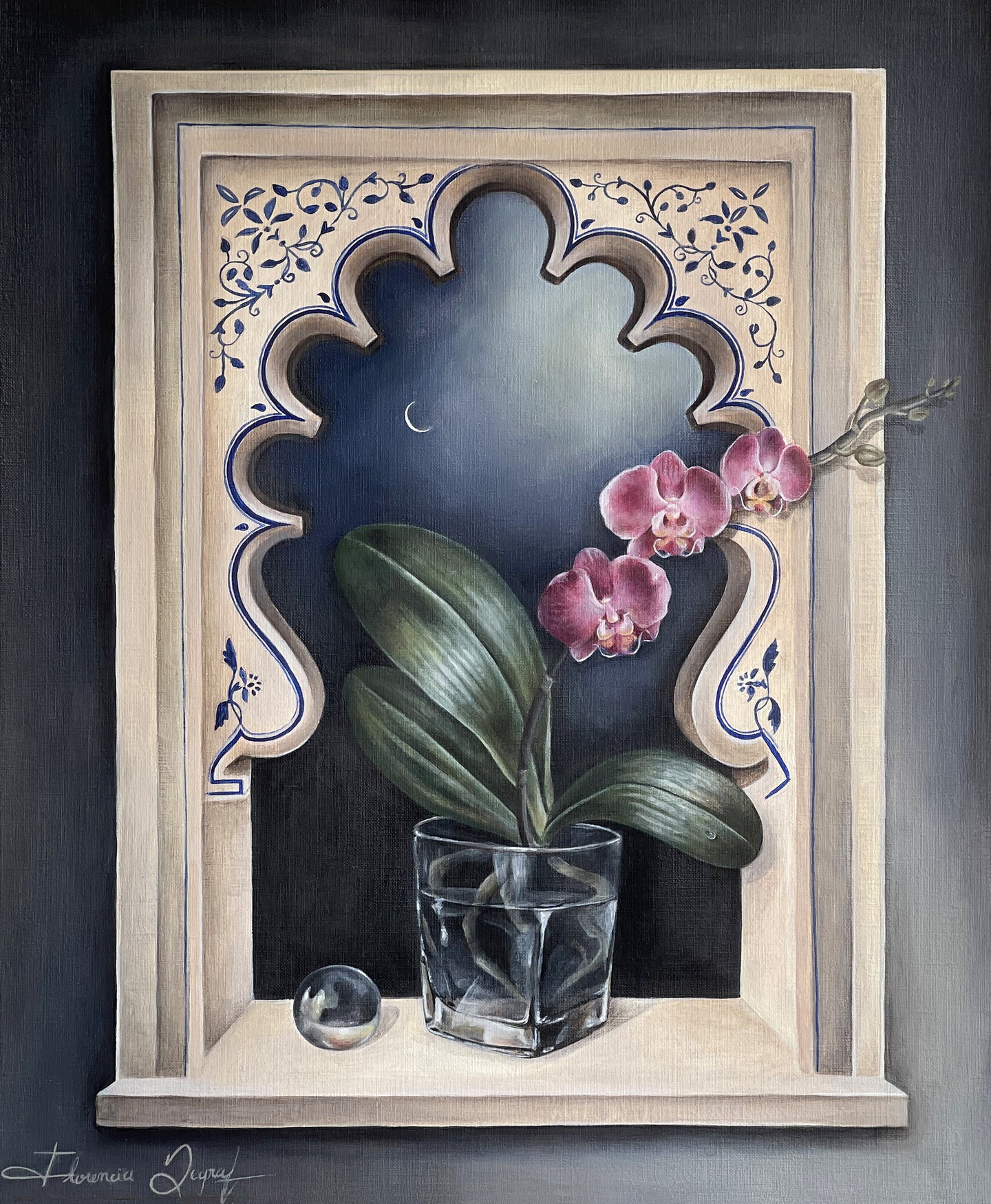 Beautiful acrylic painting by Florencia Degraf featuring an orchid in a decorative frame, Florencia Degraf artwork for sale
