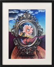 Load image into Gallery viewer, Framed imaginative floral artwork featuring a surreal rose within an ornate frame, set against a vibrant background
