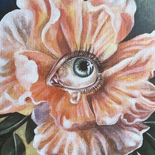 Load image into Gallery viewer, Imaginative floral artwork featuring a surreal eye inside a pink flower in a framed acrylic painting
