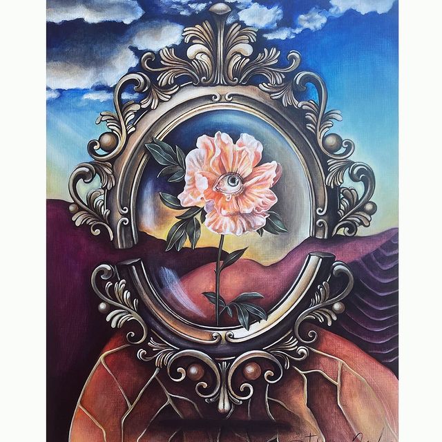 Framed flower gallery painting featuring imaginative floral artwork in vibrant colors and surreal details