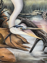 Load image into Gallery viewer, Imaginative heron painting depicting a grey heron near water, showcasing detailed textures and colors
