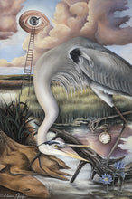 Load image into Gallery viewer, Imaginative heron painting by Florencia Degraf featuring a surreal scene with a grey heron in nature
