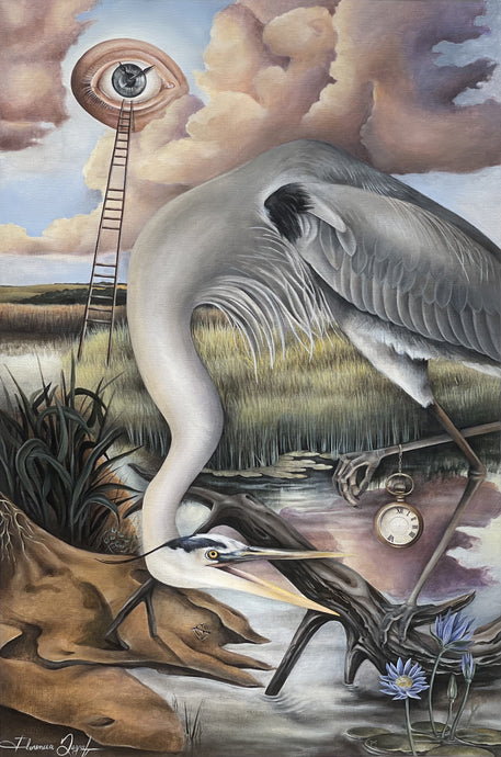 Imaginative heron painting by Florencia Degraf featuring a surreal scene with a grey heron in nature