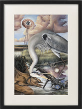 Load image into Gallery viewer, Imaginative heron painting by Florencia Degraf featuring a grey heron with surreal elements
