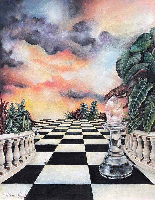 Imaginative landscape paintings depicting a surreal checkerboard path with vibrant plants and colorful skies