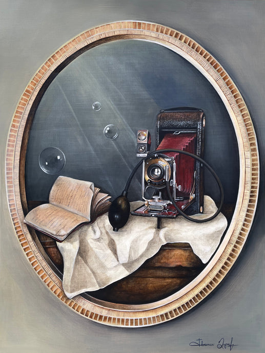 Original vintage photography artwork featuring an antique camera, open book, and bubbles in a decorative frame
