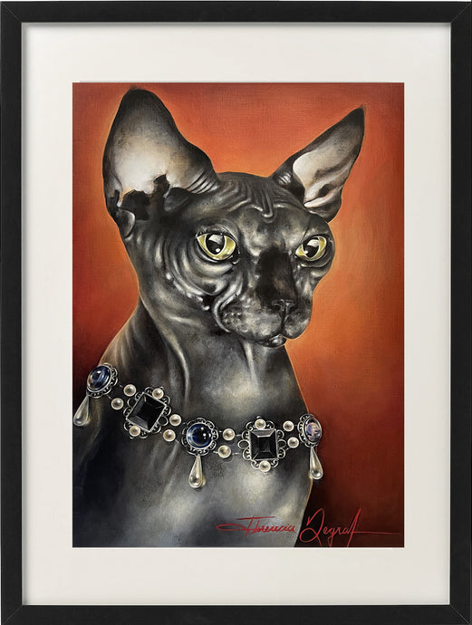 Prismo art painting featuring a Sphynx cat adorned with a jeweled necklace against a vibrant background
