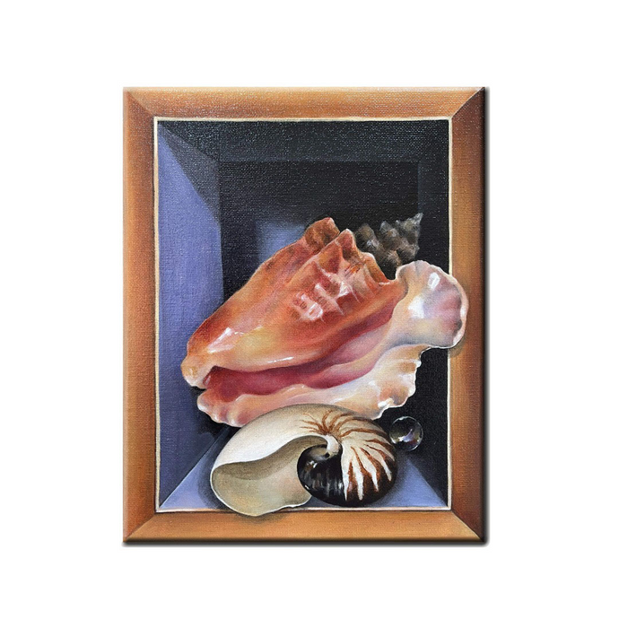 Acrylic painting of seashells in a shadow box, part of a set of 3 paintings by Florencia Degraf