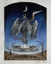 Load image into Gallery viewer, Anhinga Gallery acrylic painting featuring surreal bird paintings with a caged bird under a moonlit sky
