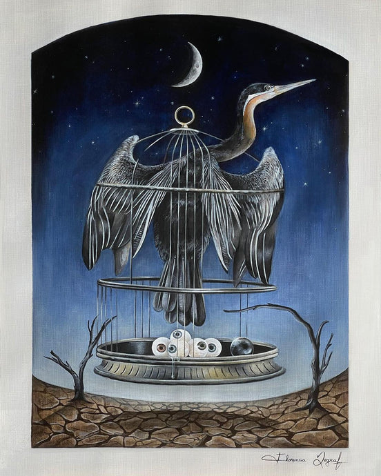 Anhinga Gallery acrylic painting featuring surreal bird paintings with a caged bird under a moonlit sky