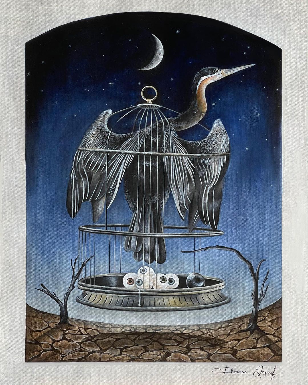 Anhinga Gallery acrylic painting featuring surreal bird paintings with a caged bird under a moonlit sky