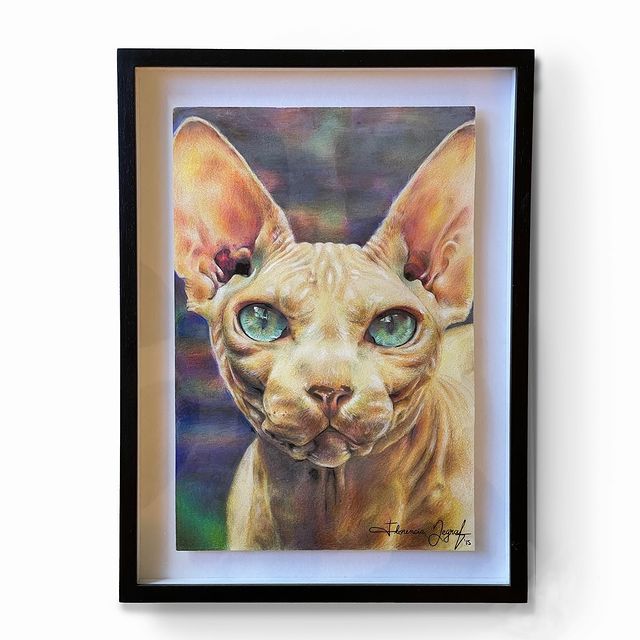 Surreal cat art for sale featuring a detailed acrylic painting of a Sphynx cat with striking blue eyes
