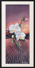 Load image into Gallery viewer, Surreal orchid gallery painting by Florencia Degraf featuring white orchids against a purple sunset background
