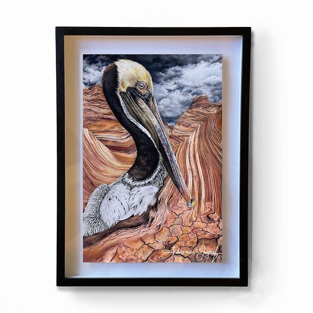 Surreal Pelican artwork by Florencia Degraf featuring a detailed pelican against a dramatic landscape