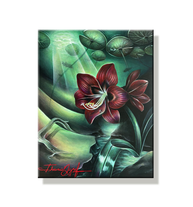 Surreal reborn painting featuring a vivid red flower amidst green lily pads and light reflections