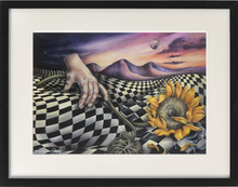 Load image into Gallery viewer, Surreal sunflower gallery painting by Florencia Degraf featuring a hand and striking landscapes
