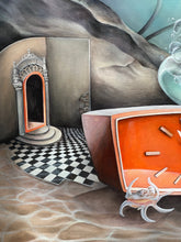 Load image into Gallery viewer, Surreal Acrylic Painting by Florencia Degraf showcasing underwater art with a checkerboard floor and orange clock
