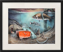 Load image into Gallery viewer, Acrylic painting by Florencia Degraf featuring underwater art with fish, clocks, and surreal elements
