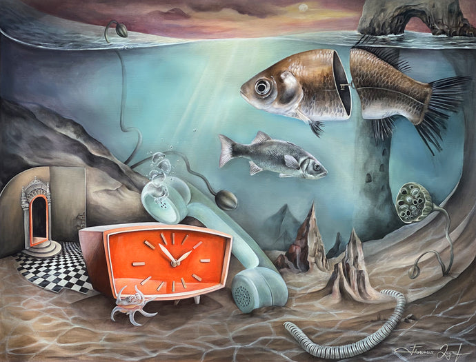 Surreal acrylic painting by Florencia Degraf featuring underwater art with fish and abstract scenes