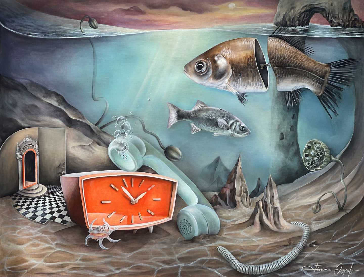 Surreal acrylic painting by Florencia Degraf featuring underwater art with fish and abstract scenes